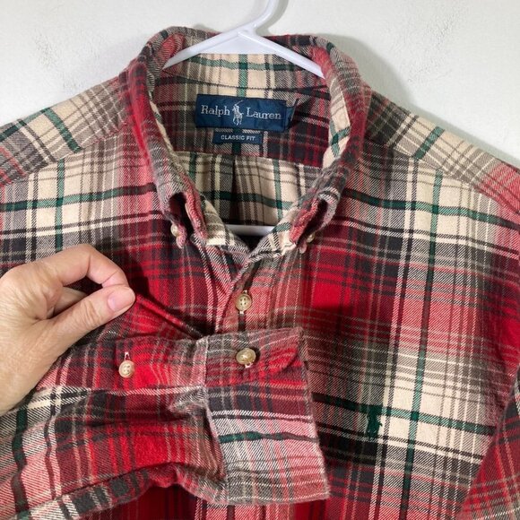 Mens Ralph Lauren Classic Fit Flannel Shirt Red Green XL Long Sleeve Cotton - Picture 3 of 7